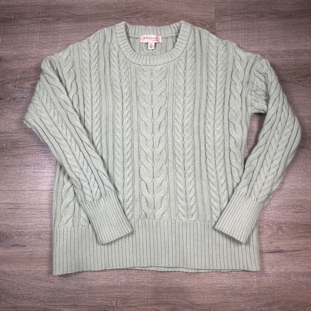 Philosophy Women Mint Green Cable Knit Sweater Crew Neck Small Pullover